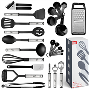 Kitchen Utensil Set 24 Nylon and Stainless Steel Set, Non-Stick and Heat Resistant Cooking Utensils Set, Kitchen Tools, Useful Pots and Pans Accessories and Kitchen Gadgets (Black)